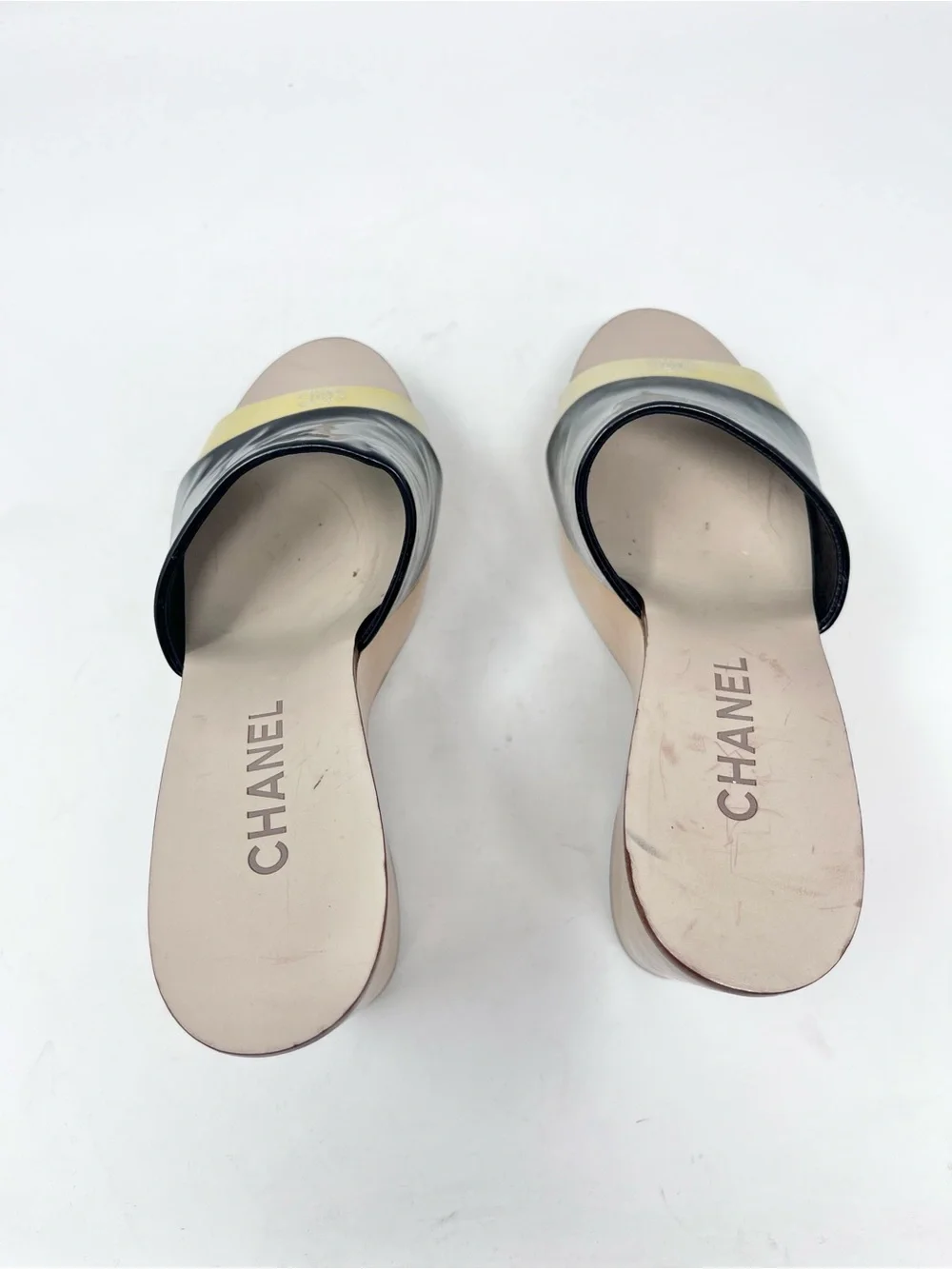 Chanel Two Tone Patent Leather CC Platform Slide Wooden Clog Sandals Size 37.5